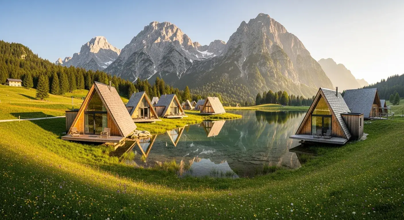 Tiny Houses vor der Bergkulisse Neuseelands