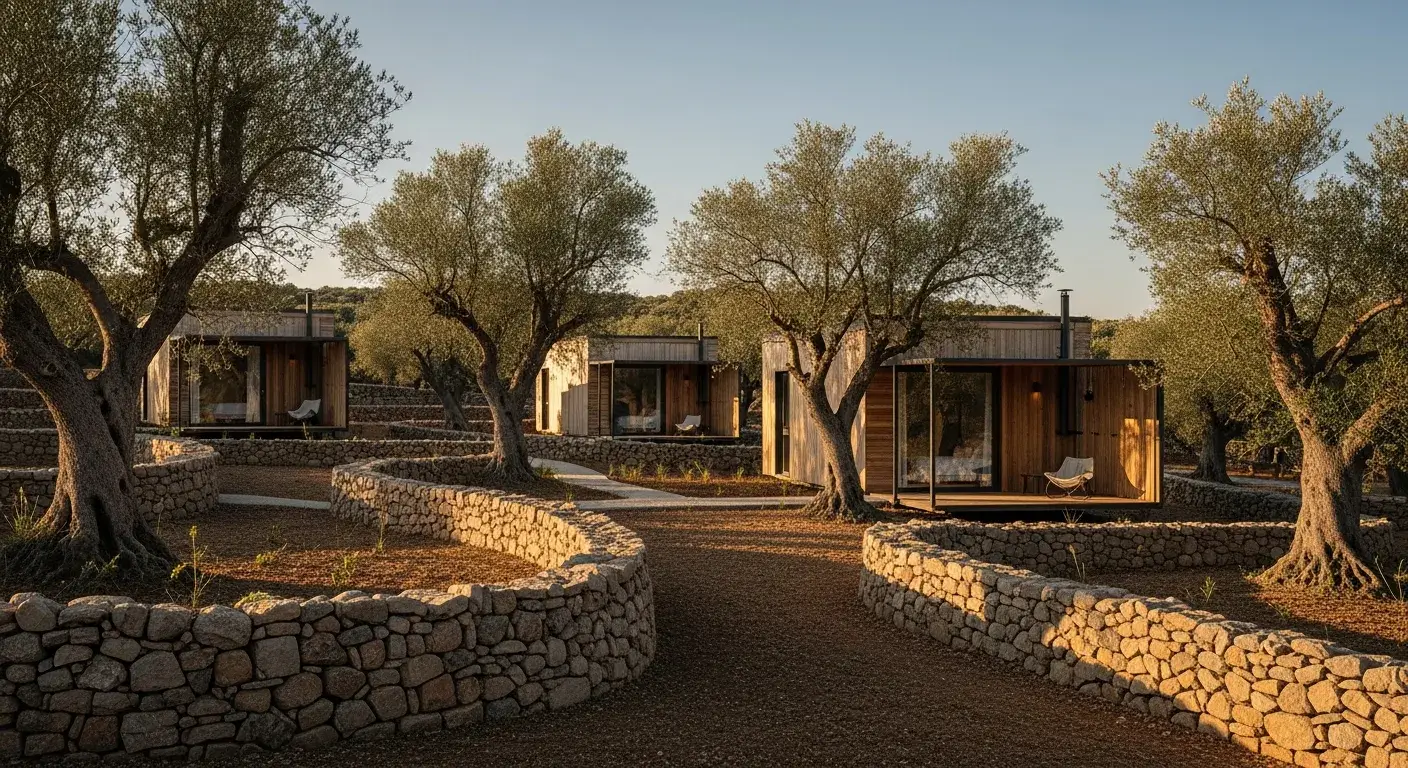 Tiny Houses zwischen Olivenbäumen in der spanischen Landschaft