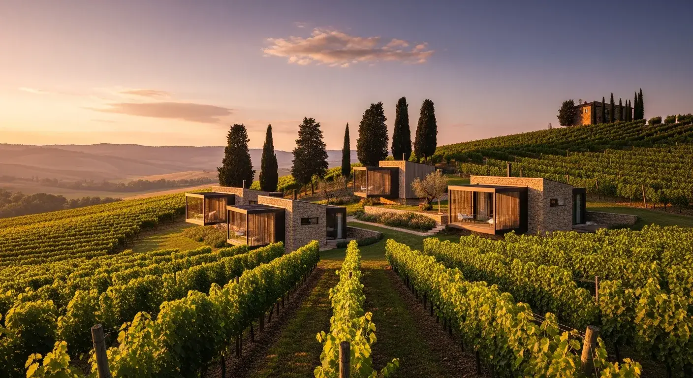 Tiny Houses zwischen Weinreben in der Toskana