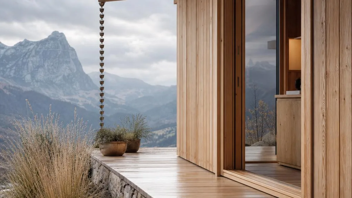 Tiny House Oesterreich mit handwerklichem Holzdetail an Terrasse und Natursteinfuss