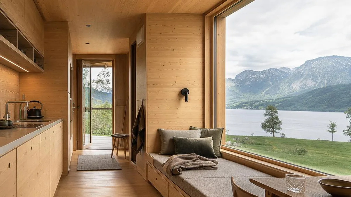 Tiny House Oesterreich mit warmem Holzinterieur und Blick auf alpine Berge