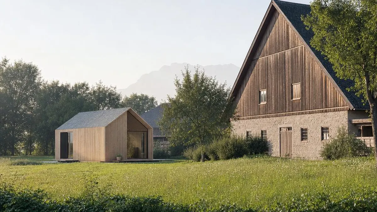 Tiny House Oesterreich im baulichen Kontext eines oesterreichischen Dorfrands
