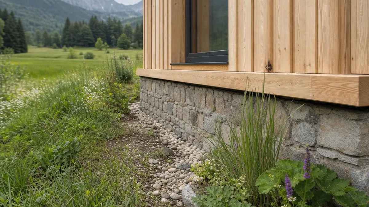 Tiny House Oesterreich mit Fundamentdetail und naturnaher Entwaesserung
