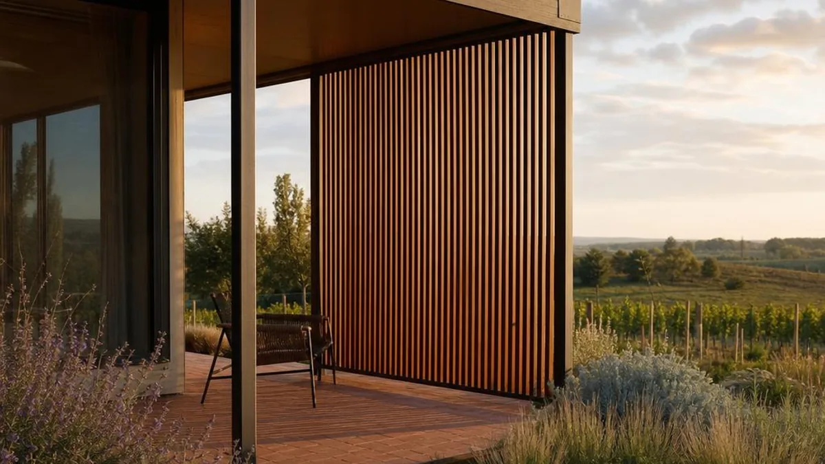 Tiny House Oesterreich Burgenland mit Terrakottavorplatz und verschattetem Holzvorbau