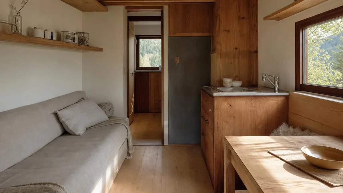 Tiny House Oesterreich gebraucht mit restauriertem Holzinterieur und neuer Sitznische
