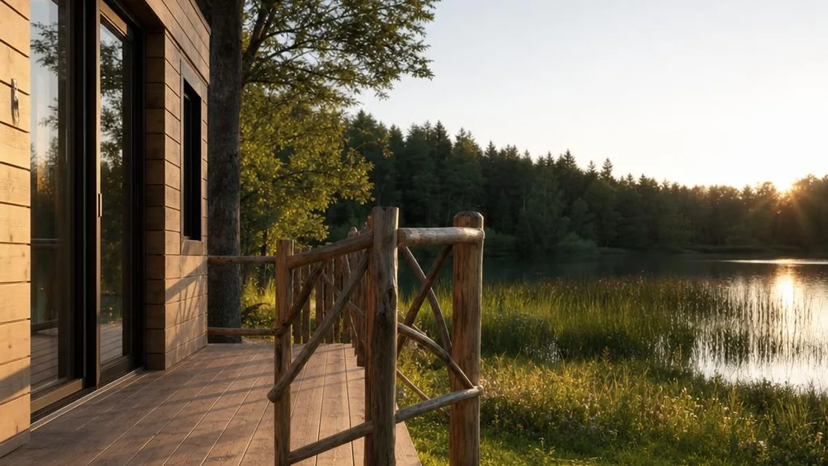 Tiny House Oesterreich Kaernten mit Holzdeck und naturnahem Seeuferdetail