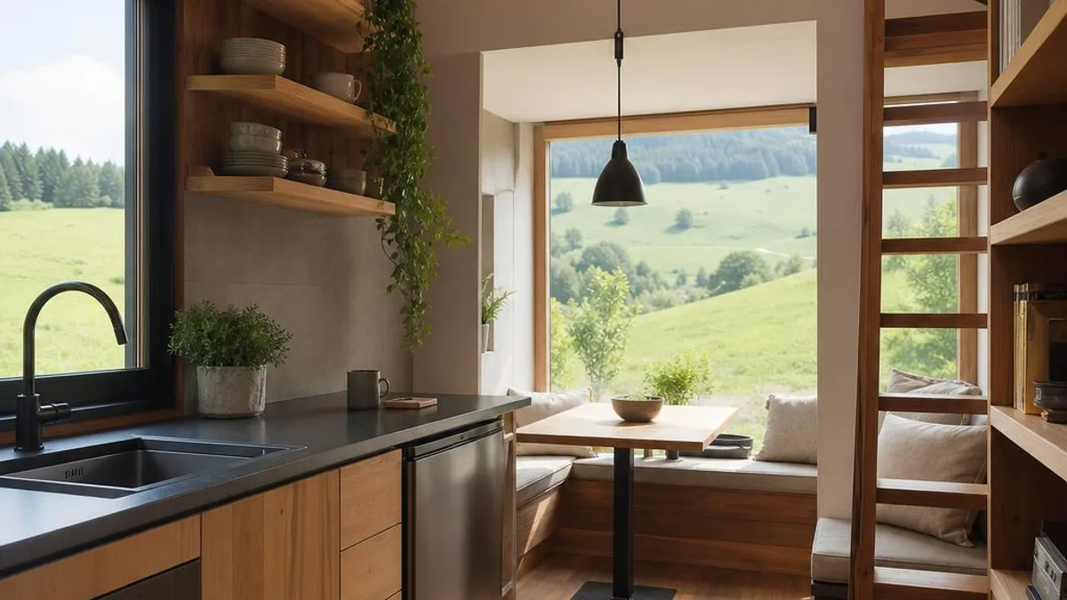 Tiny House Oesterreich mit kompakter Kueche und robusten Ausbaumaterialien