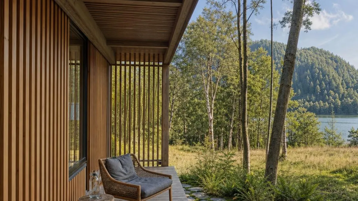 Tiny House Oesterreich Oberoesterreich mit Holzschirm und naturnahem Terrassenweg