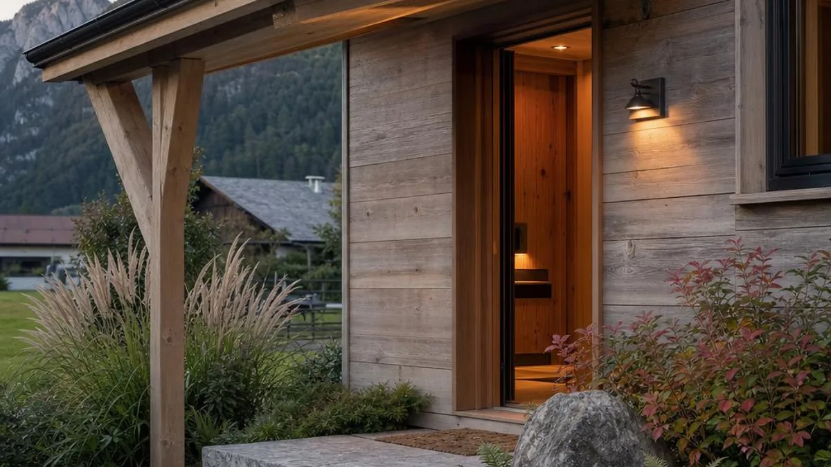 Tiny House Oesterreich Salzburg mit ueberdachtem Eingang und Natursteinstufe