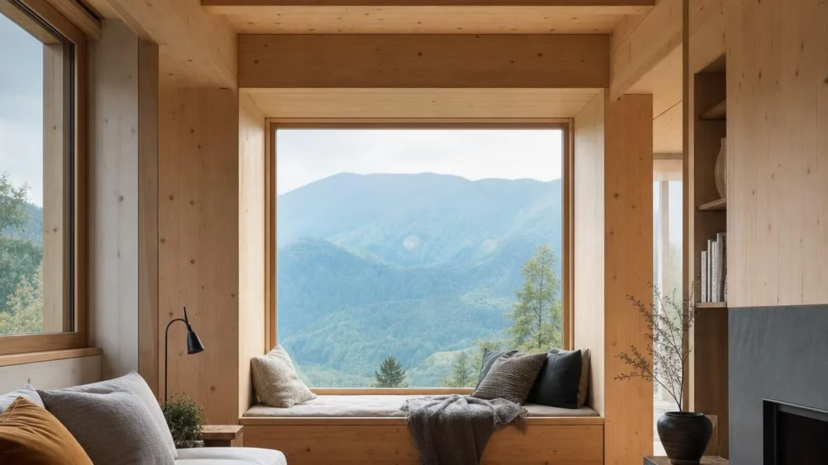 Tiny House Oesterreich Salzburg mit Fichteninterieur und gerahmtem Bergblick
