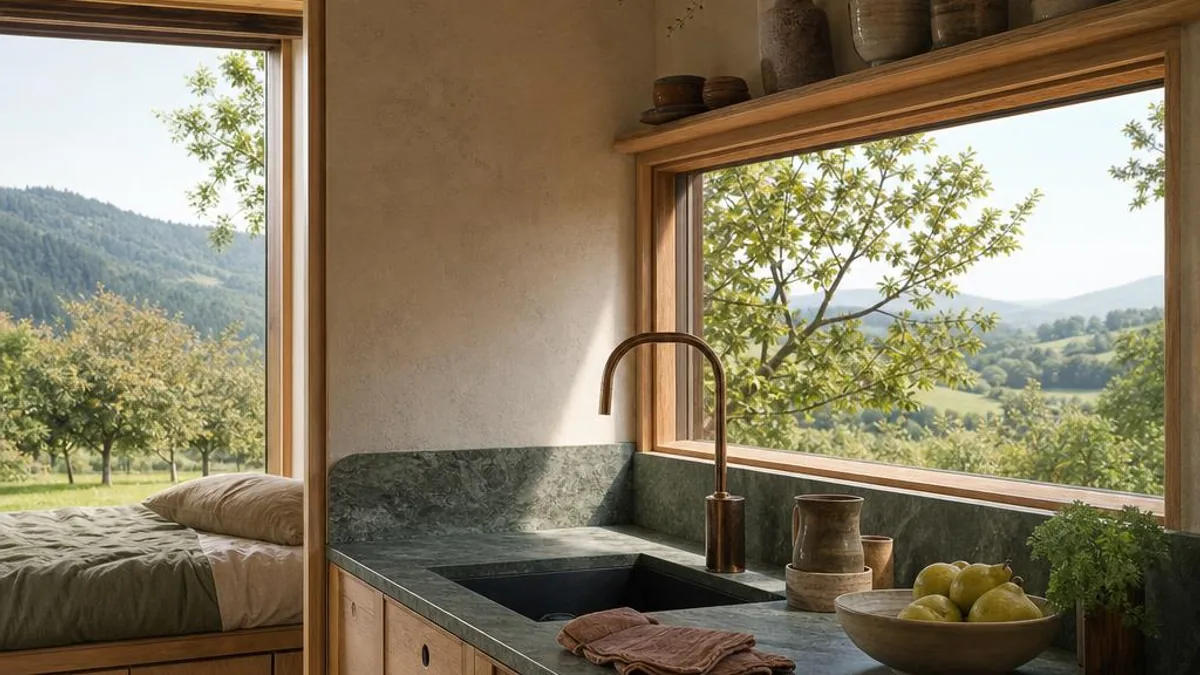 Tiny House Oesterreich Steiermark mit Eichenkueche und Obstgartenblick