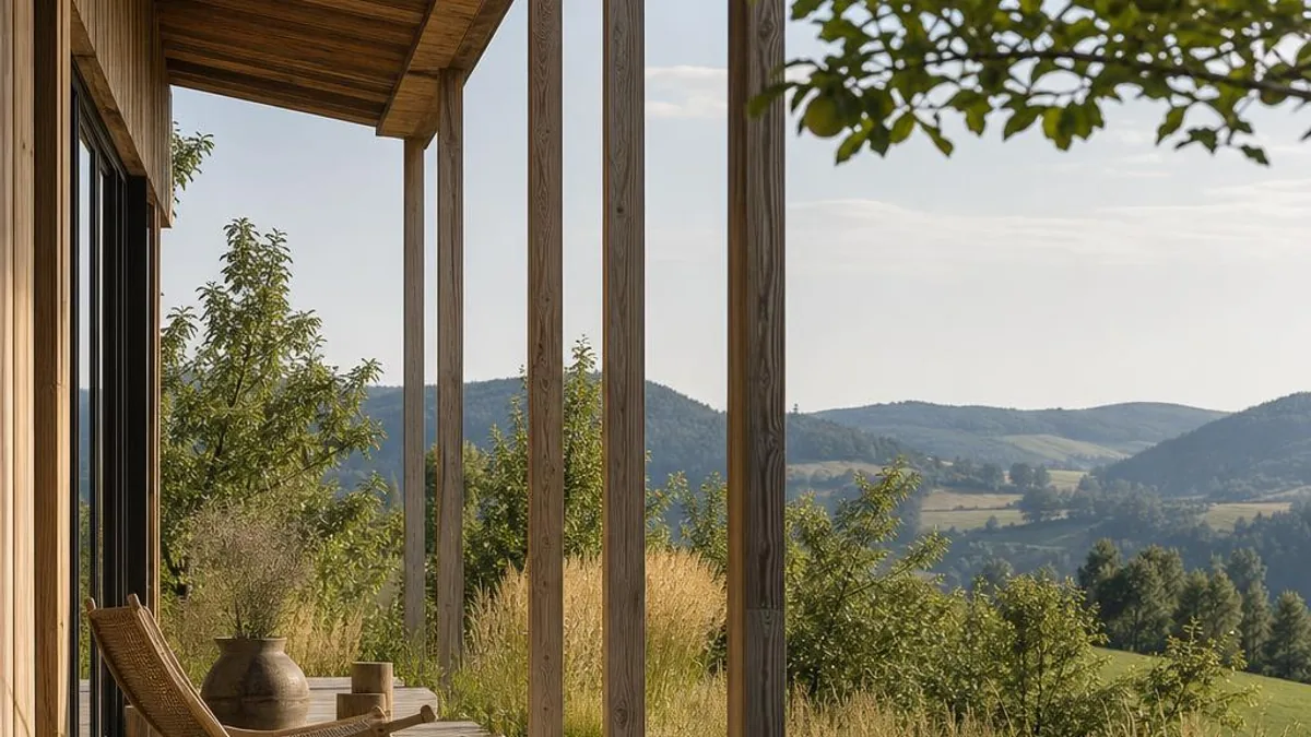 Tiny House Oesterreich Steiermark mit Holzveranda und weitem Wiesenhorizont