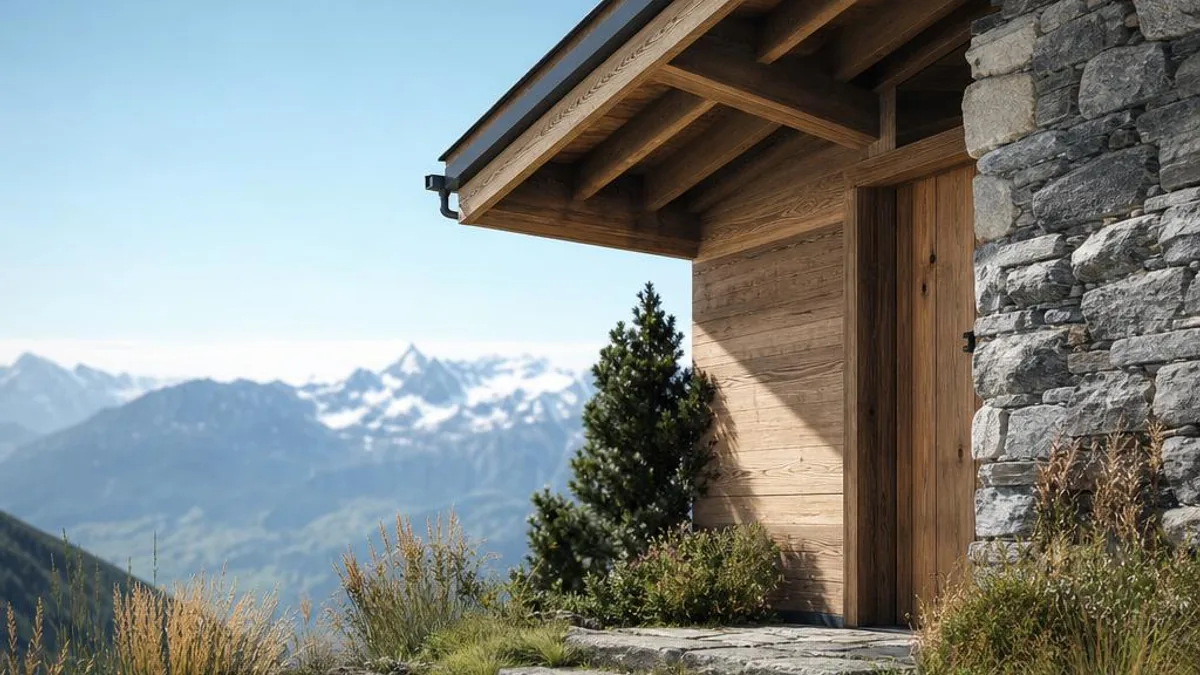 Tiny House Oesterreich Tirol mit geschuetztem Eingang und Larchenholzdetail