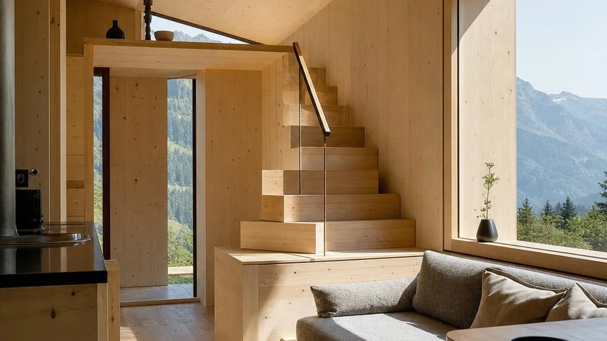 Tiny House Oesterreich Vorarlberg mit Fichtenholzinterieur und Bergfenster
