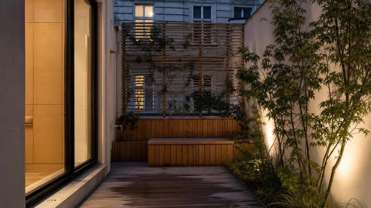 Tiny House Oesterreich Wien mit geschuetzter Innenhofterrasse und Regenbeet