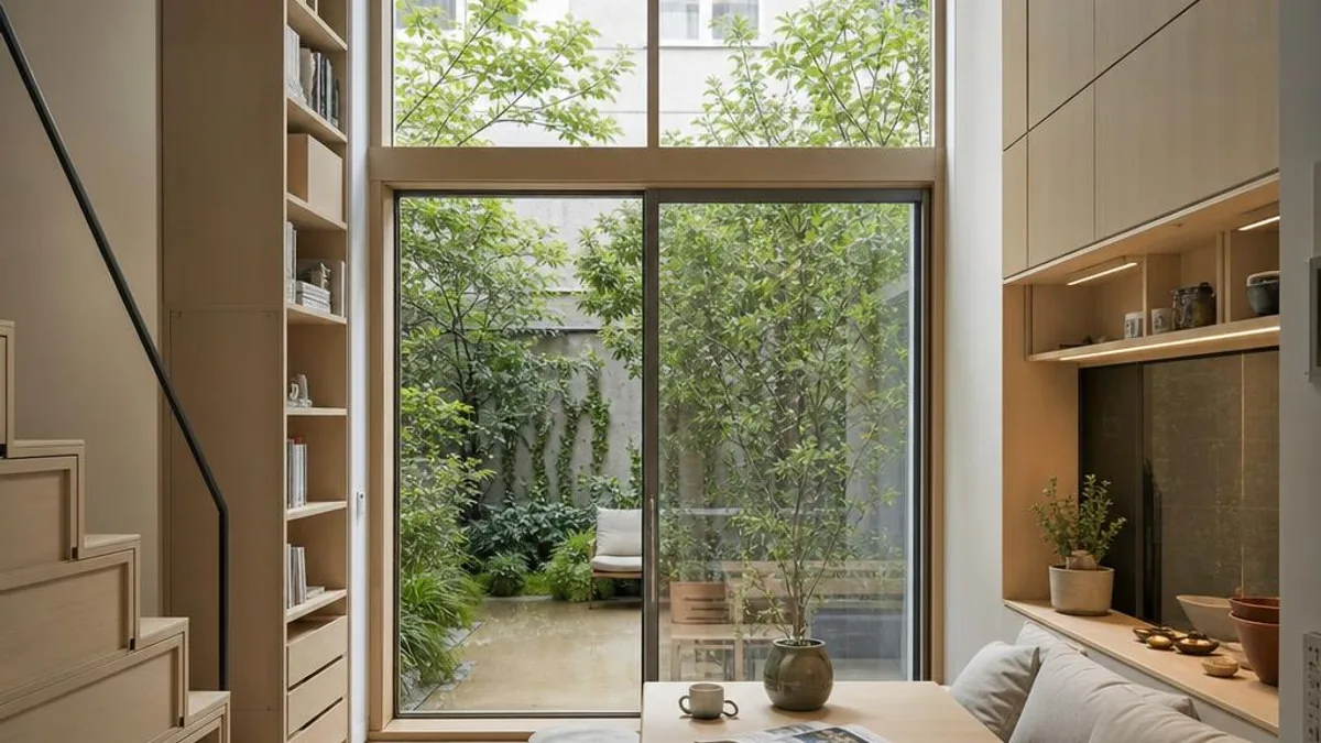 Tiny House Oesterreich Wien mit hellem Wohnraum und urbanem Hoffenster