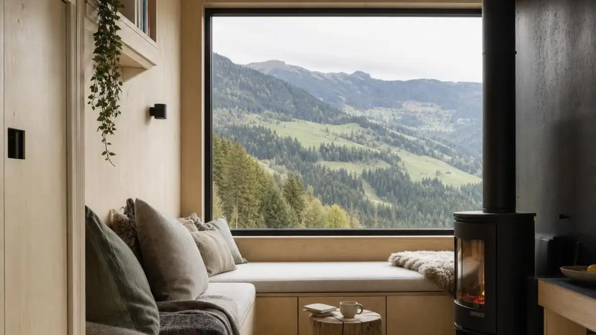 Tiny House Schweiz mit warmem Holzinterieur und weitem Bergblick