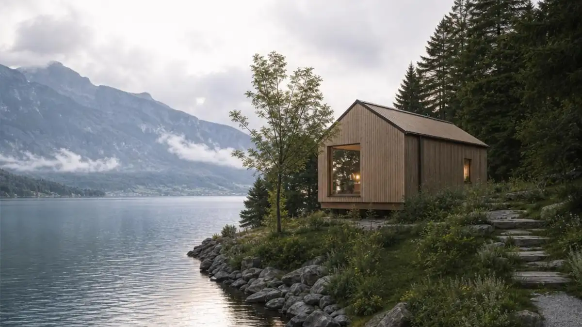 Tiny House Schweiz als Gestaltungsidee am stillen Seeufer