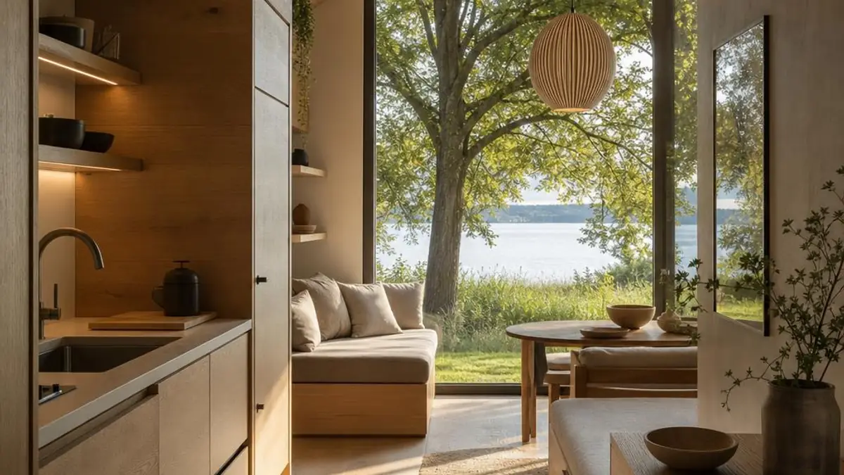 Luxus Tiny House Interieur mit Eichenholz und Seeblick am Bodensee