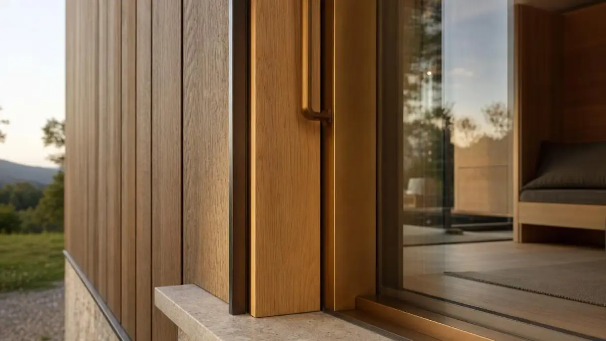 Luxus Tiny House Materialdetail mit Naturstein und Eichenholz im Süden