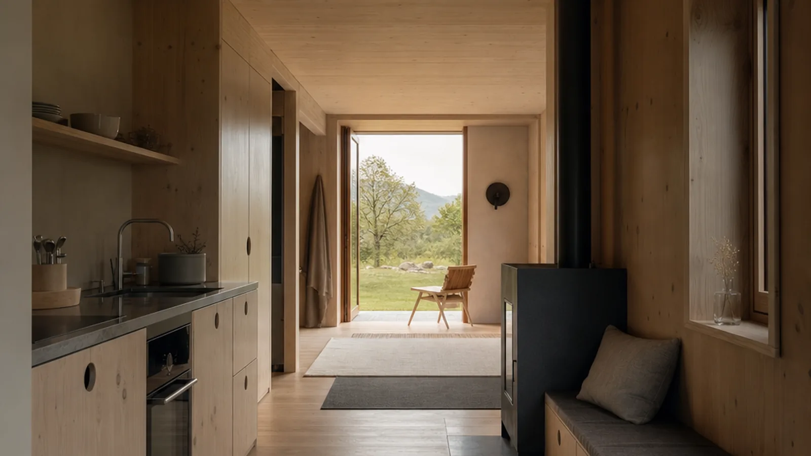 Modulhaus mit 80 m² mit heller Küche und Holzdetails im kompakten Innenraum