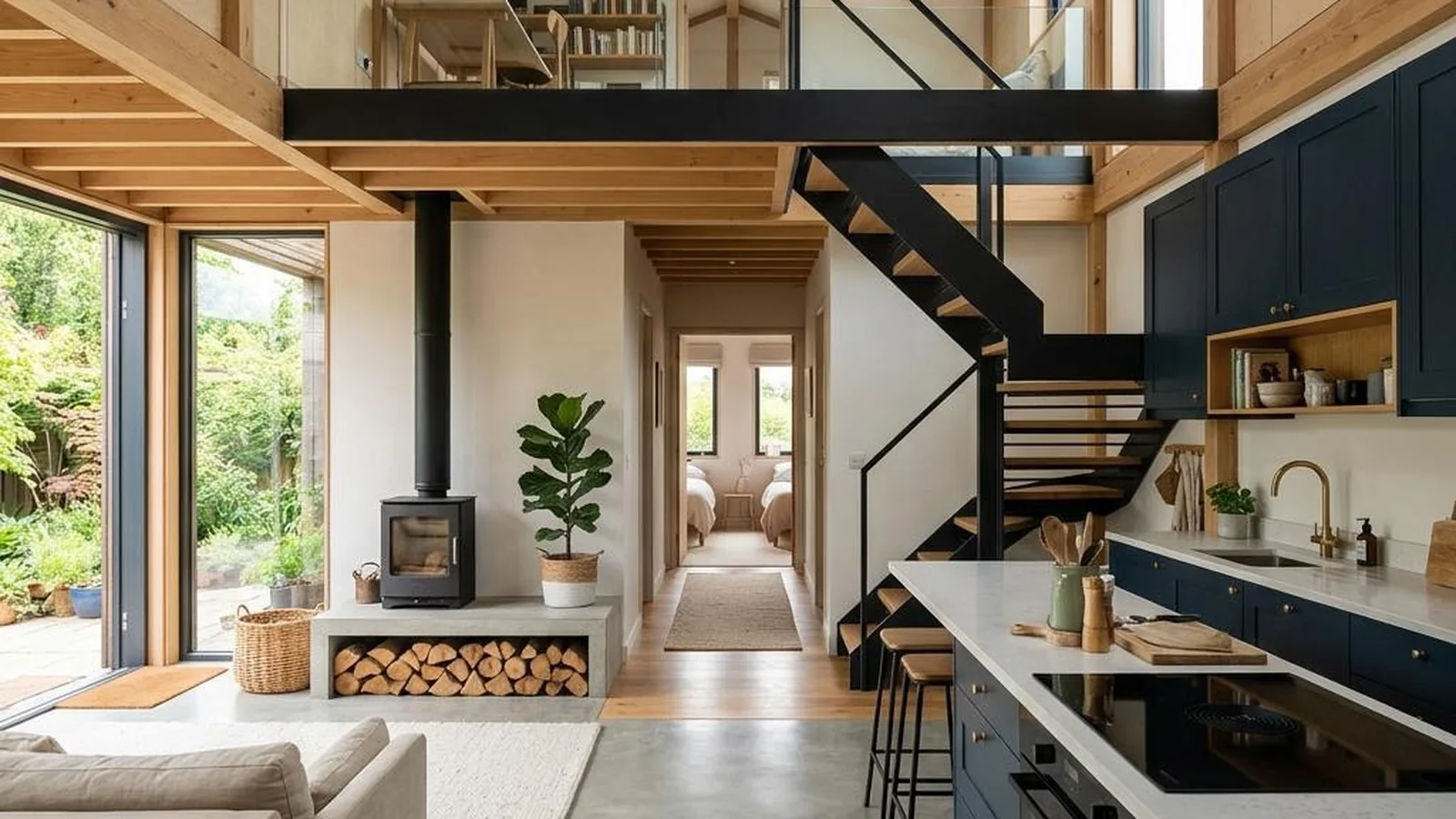 Modulhaus mit 80 m² mit Blick durch die ganze Länge bis zum Schlafloft