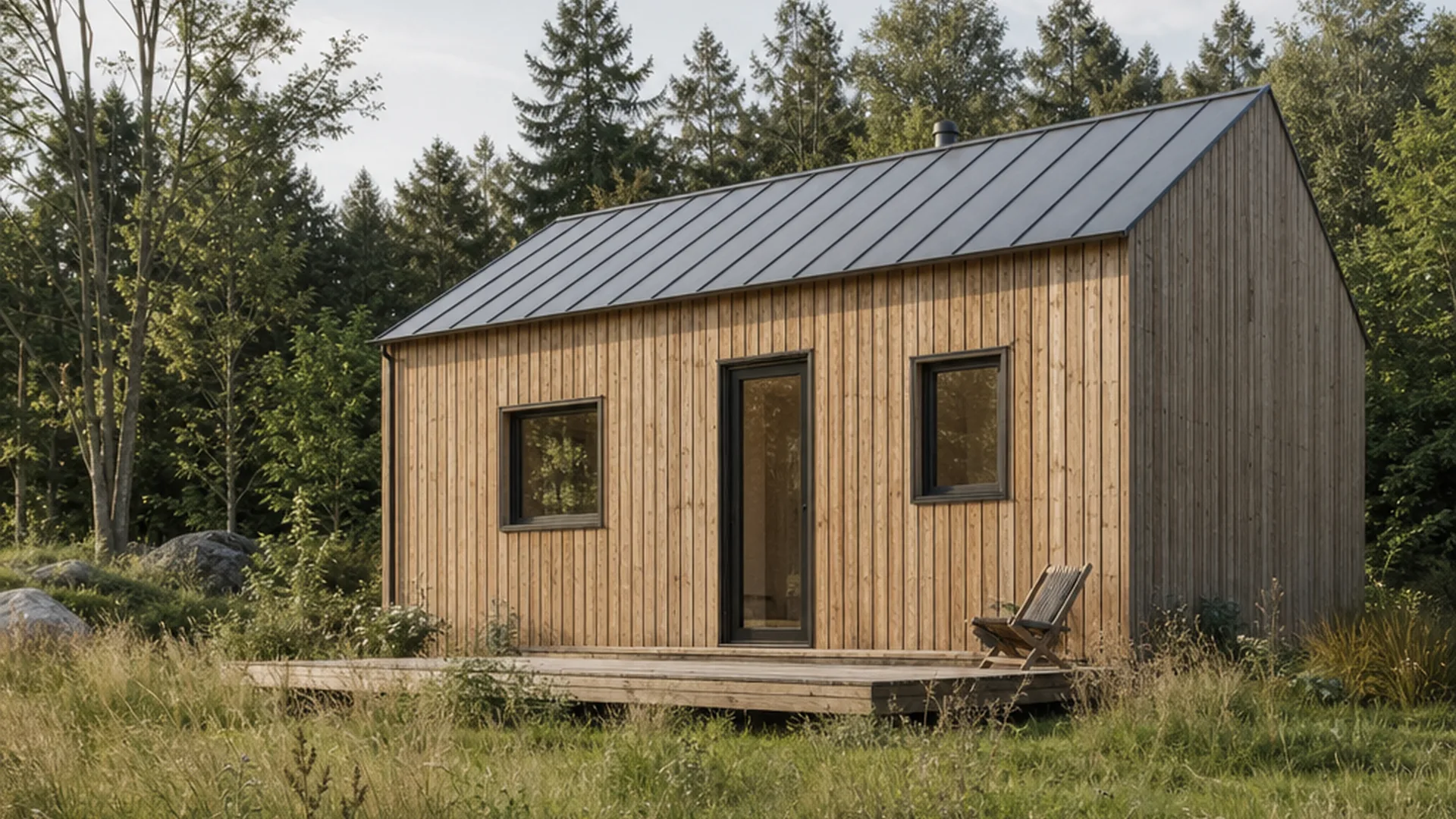 Tesla Tiny House im Vergleich mit heller Holzfassade und Terrasse im Abendlicht