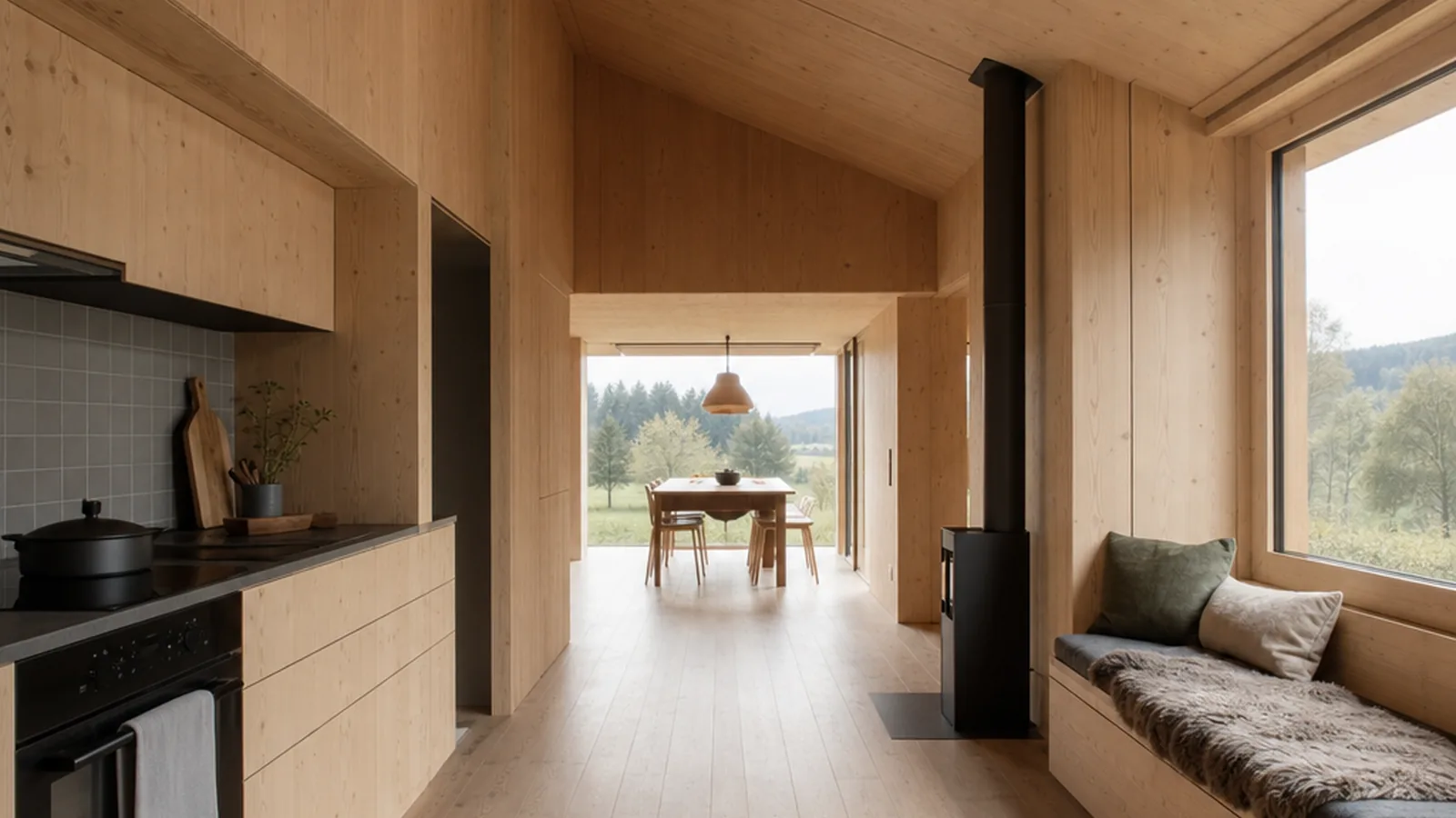Tesla Tiny House im Vergleich mit heller Küche und Holzdetails im kompakten Innenraum