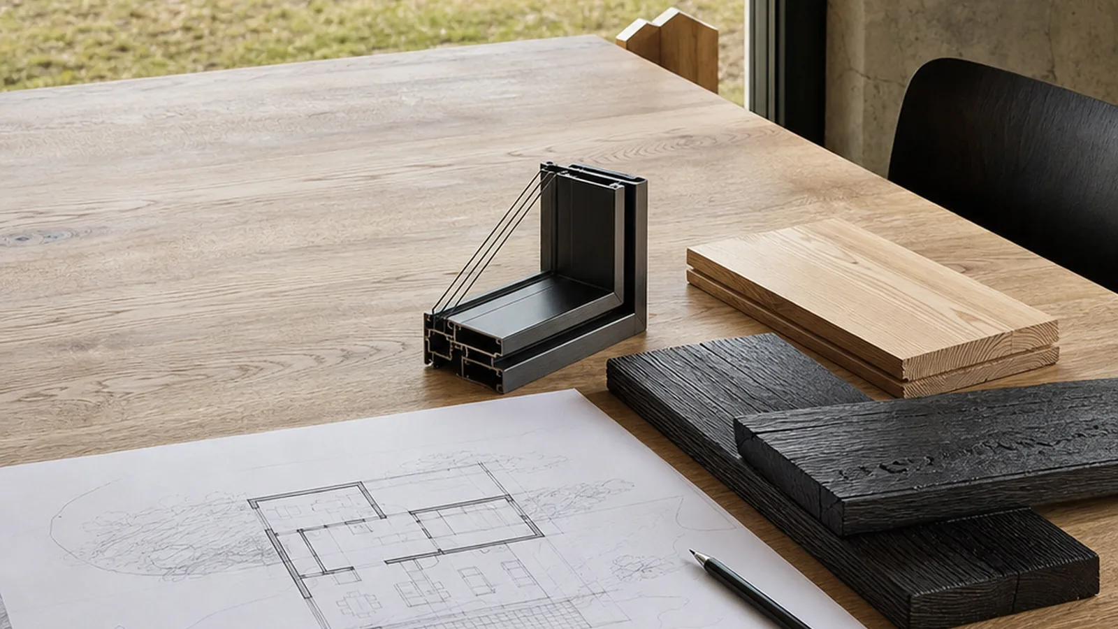 Tesla Tiny House im Vergleich mit Bauplan und Materialmustern auf dem Planungstisch