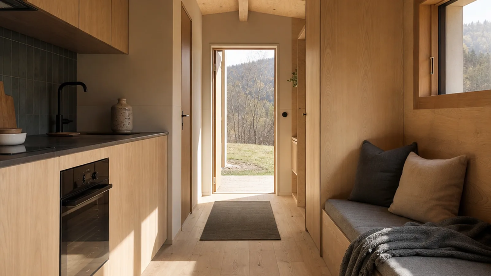 Tiny-House-Redaktion mit heller Küche und Holzdetails im kompakten Innenraum