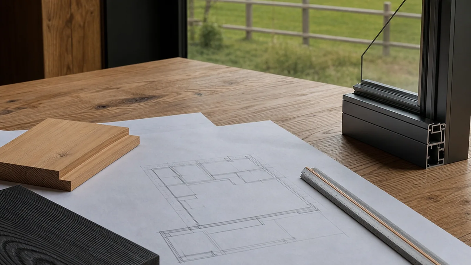 Tiny-House-Redaktion mit Bauplan und Materialmustern auf dem Planungstisch