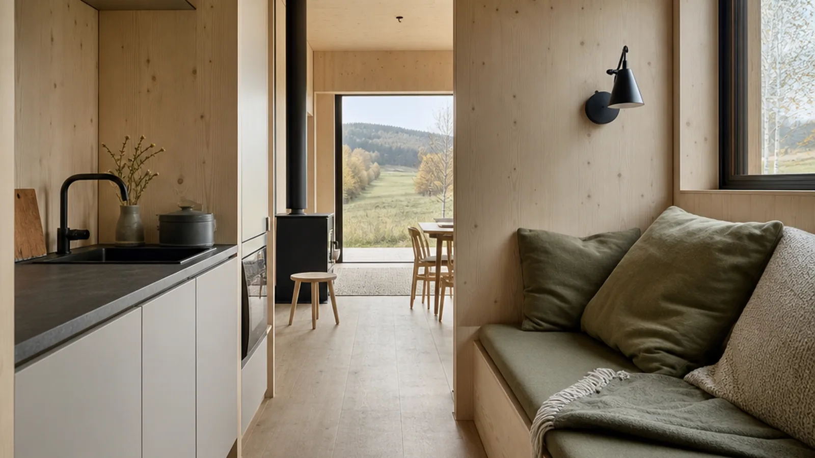 Tiny-Haus-Messe mit heller Küche und Holzdetails im kompakten Innenraum