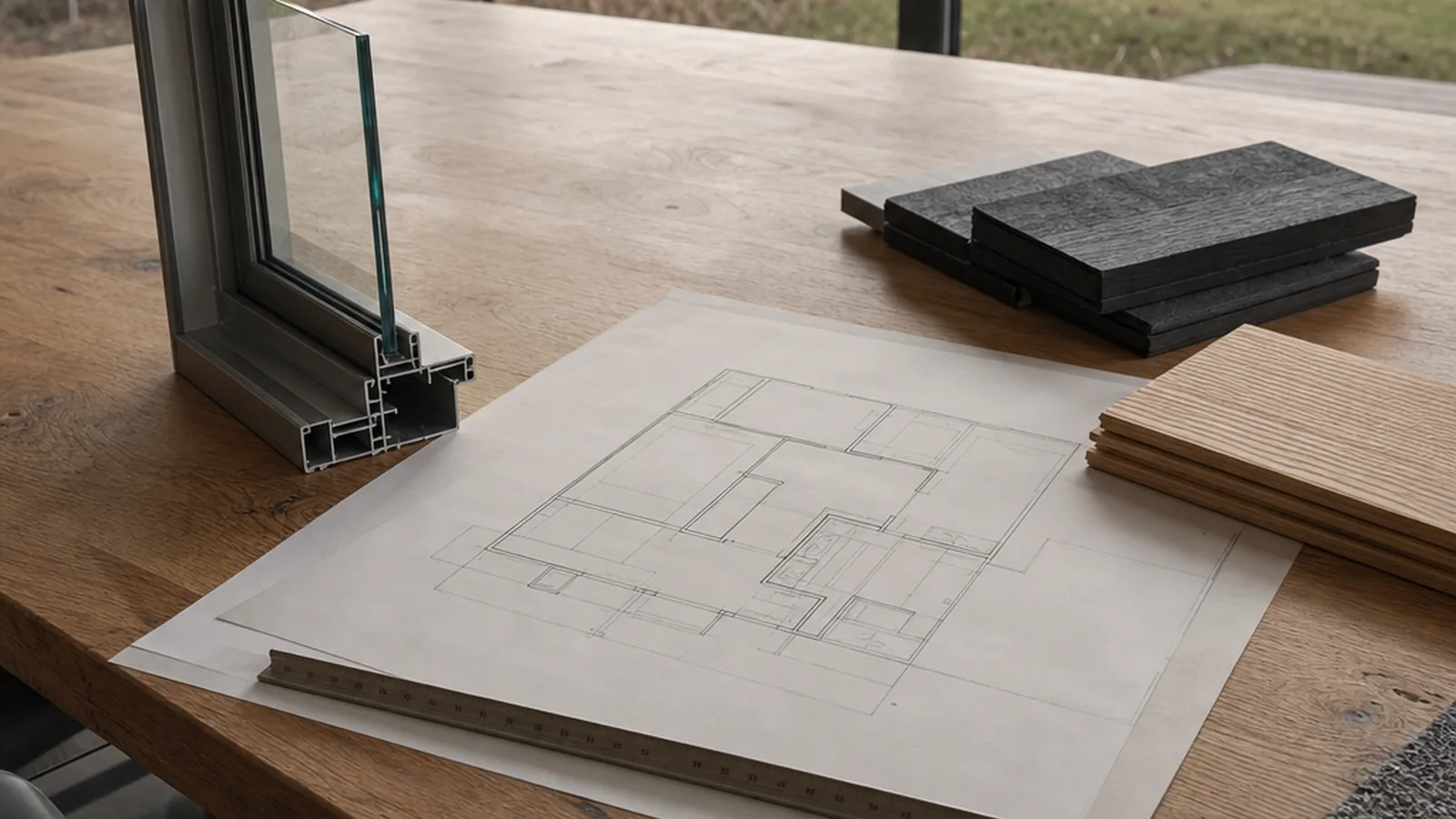 Tiny-Haus-Messe mit Bauplan und Materialmustern auf dem Planungstisch