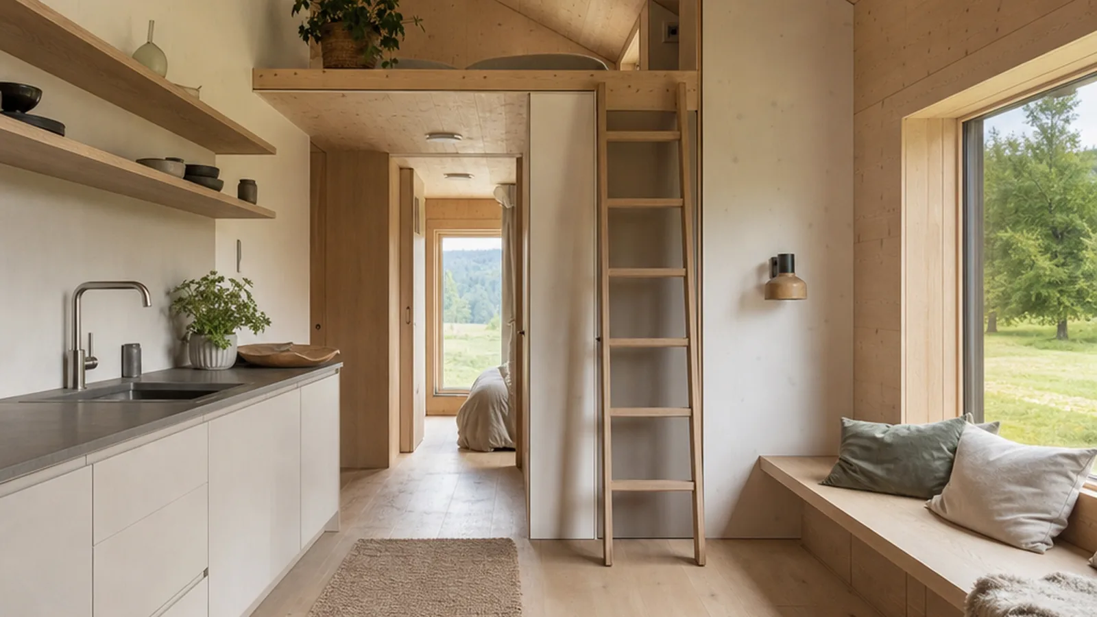 Schlüsselfertiges Tiny House mit 50 m² mit heller Küche und Holzdetails im kompakten Innenraum