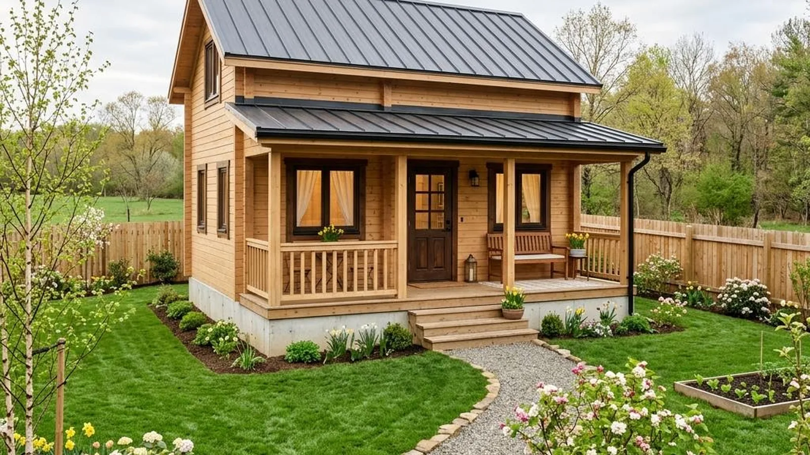 Schlüsselfertiges Tiny House mit 50 m² mit kompaktem Modell auf Streifenfundament im herbstlichen Garten