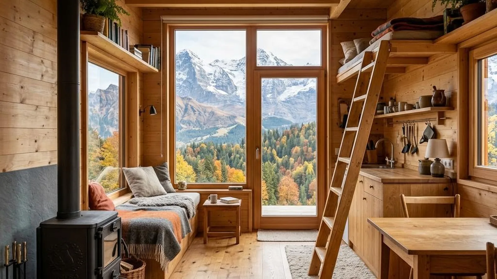 Tiny House in den Alpen mit Holzofen und Fichtenverkleidung mit Gipfelblick im Herbst
