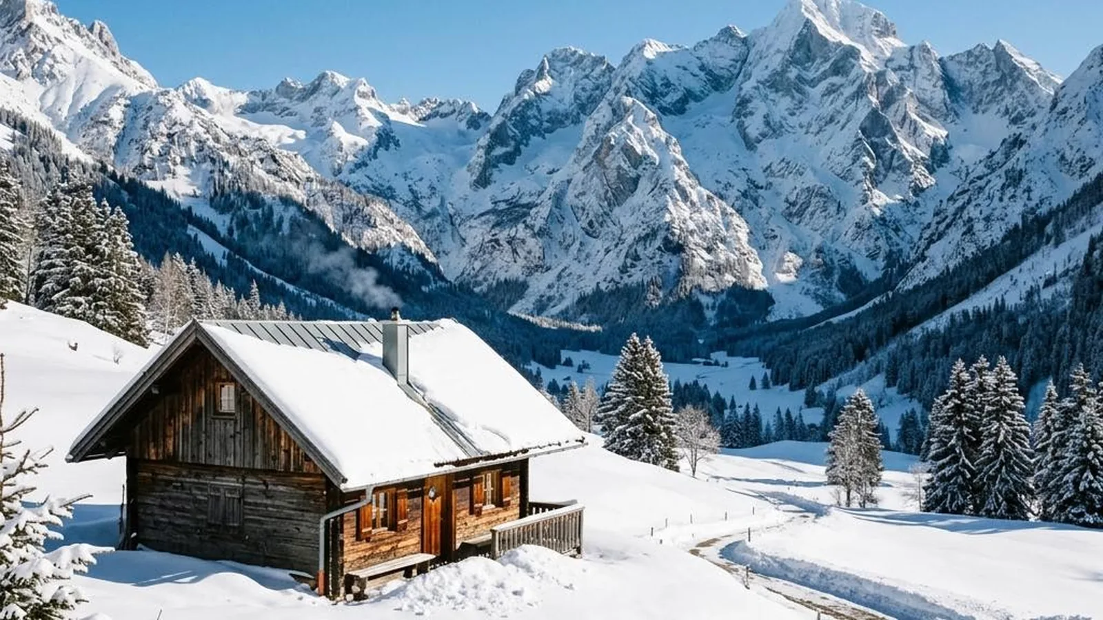 Tiny House in den Alpen mit tiefer Schneedecke unter klarem blauem Winterhimmel