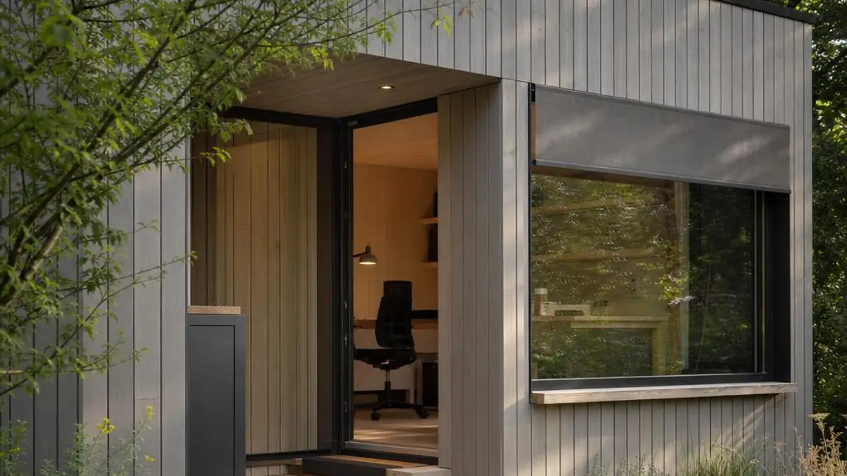 Tiny House als Büro und Praxis mit beschattetem Fenster in Hessen