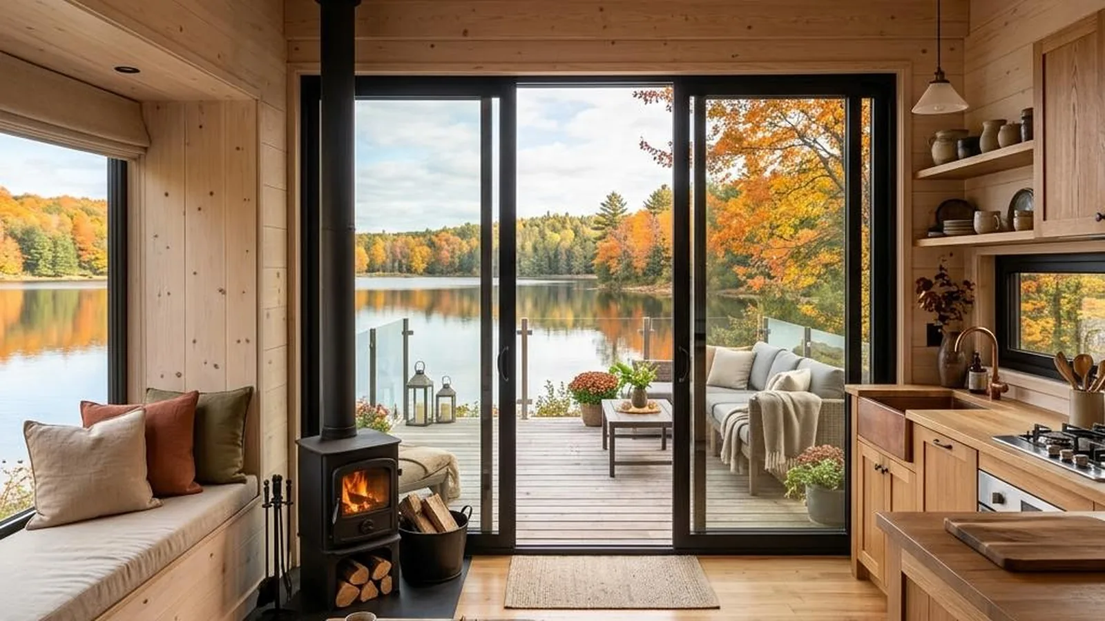 Tiny House am See mit geöffneter Schiebetür zur Seeterrasse im Herbst