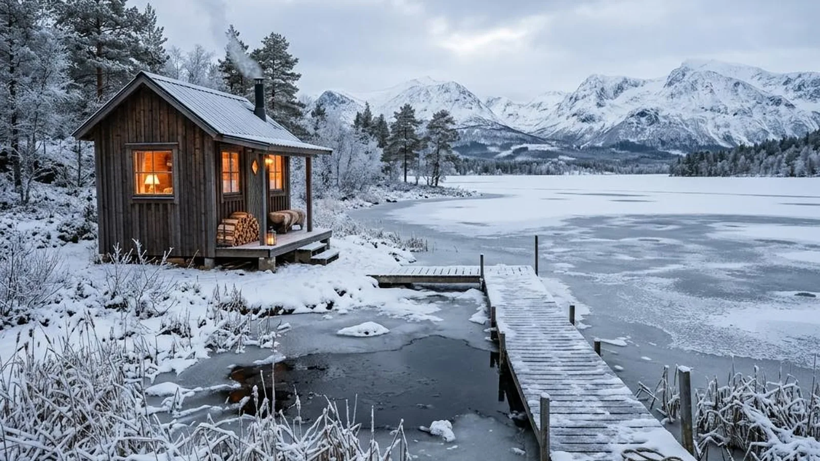 Tiny House am See mit verschneitem Schilf am teils zugefrorenen See