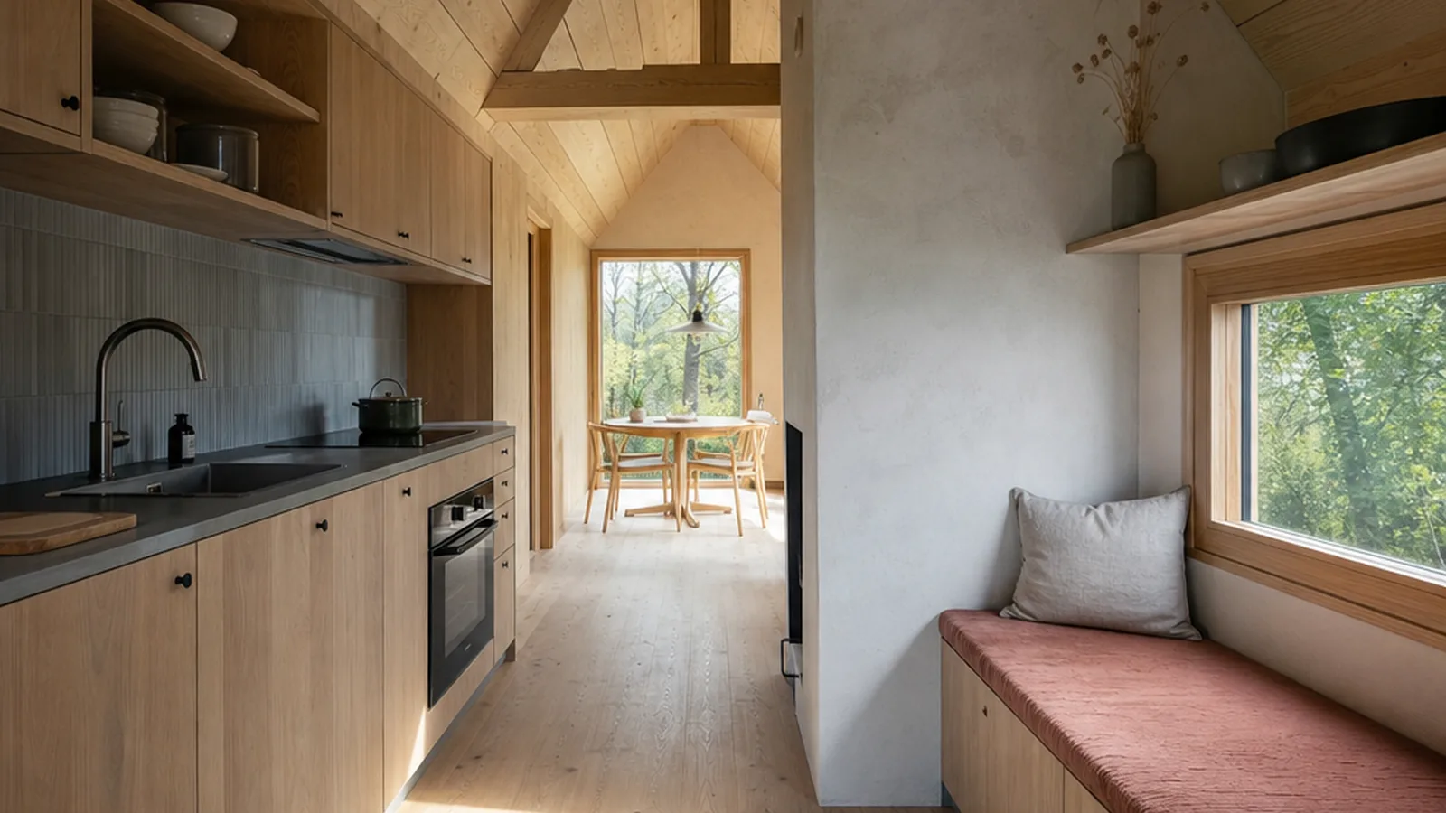 Cabin One Tiny House mit heller Küche und Holzdetails im kompakten Innenraum