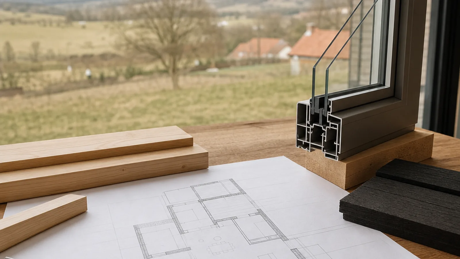 Cabin One Tiny House mit Bauplan und Materialmustern auf dem Planungstisch