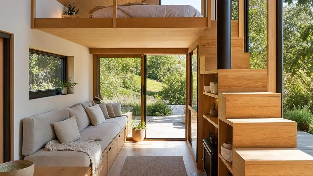 Tiny House Anbieter Deutschland mit hellem Eicheninterieur und Glasfront
