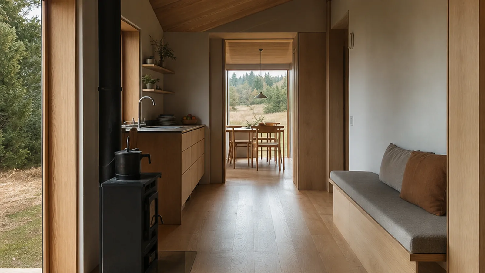 Green Tiny House mit heller Küche und Holzdetails im kompakten Innenraum