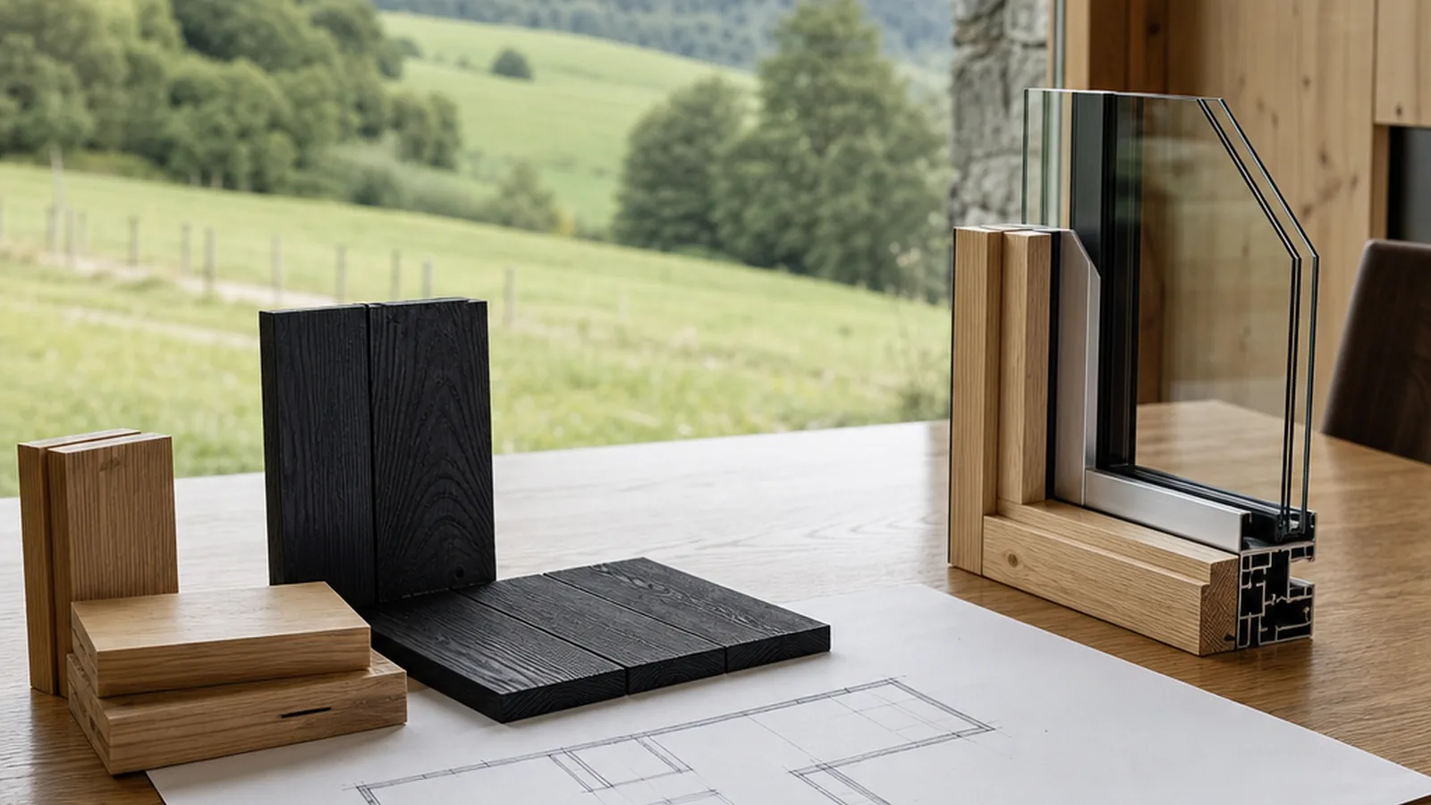 Green Tiny House mit Bauplan und Materialmustern auf dem Planungstisch