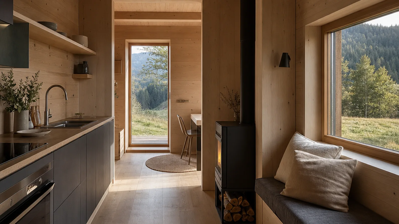 Raus Tiny House mit heller Küche und Holzdetails im kompakten Innenraum