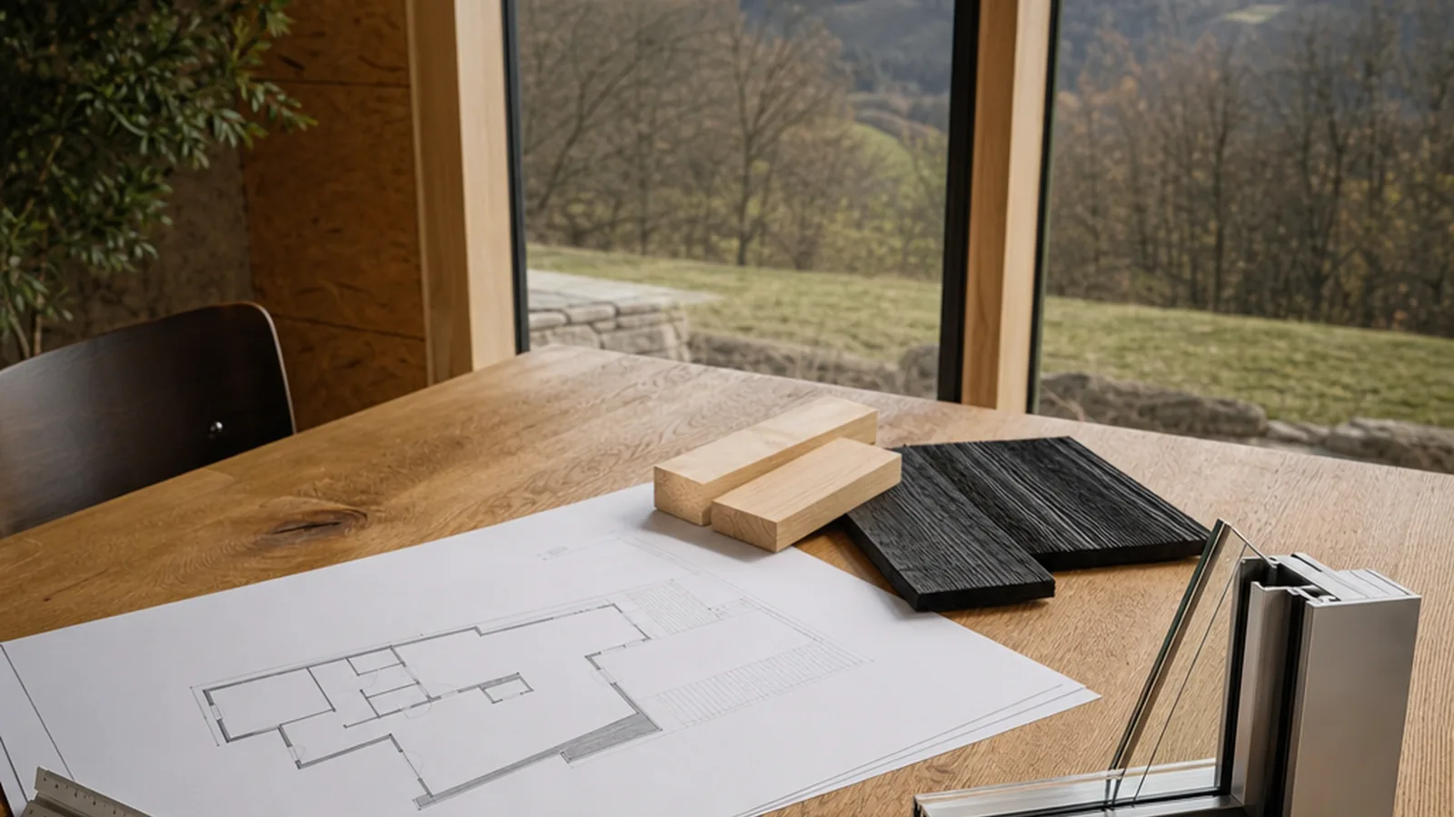 Raus Tiny House mit Bauplan und Materialmustern auf dem Planungstisch