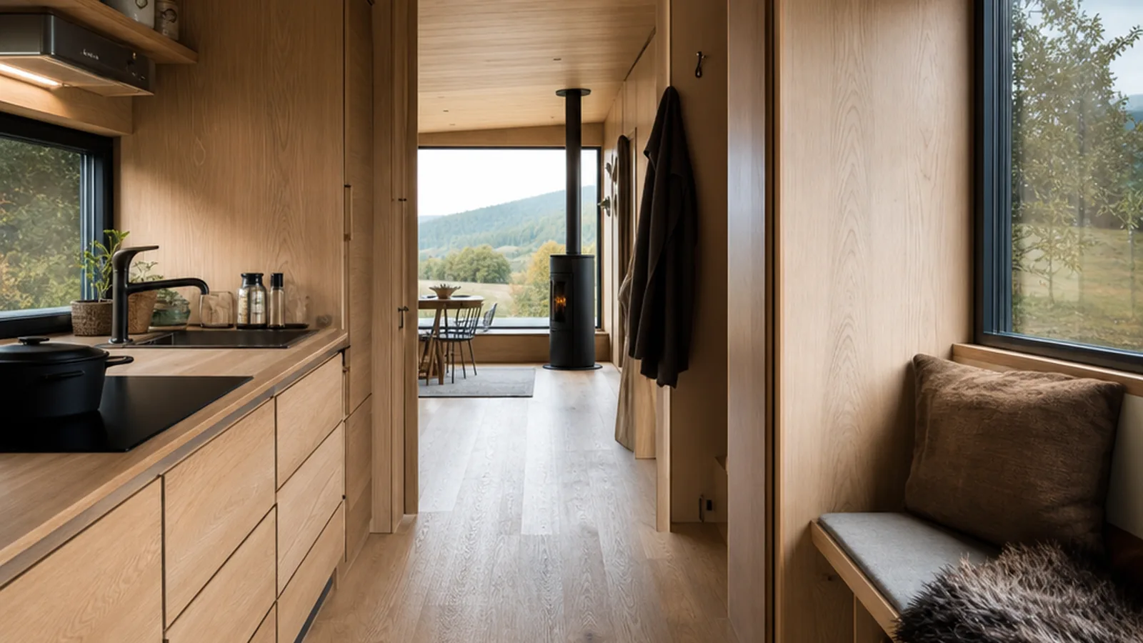 Rolling Tiny House mit heller Küche und Holzdetails im kompakten Innenraum