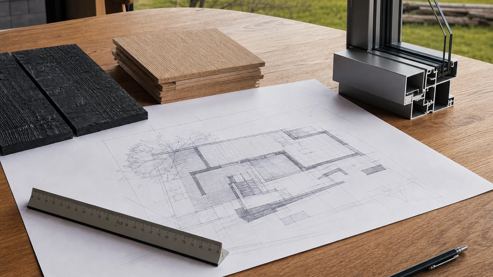 Rolling Tiny House mit Bauplan und Materialmustern auf dem Planungstisch