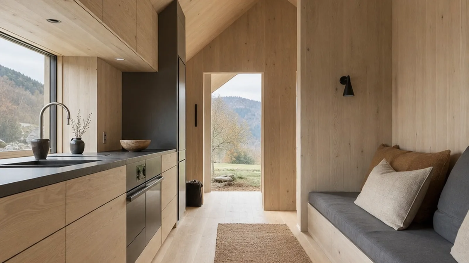 Schwörerhaus Flying Space mit heller Küche und Holzdetails im kompakten Innenraum